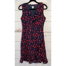 J.Crew Cherry Print Ruffle V-Neck Dress Navy Red Sleeveless H0656 Womens 2