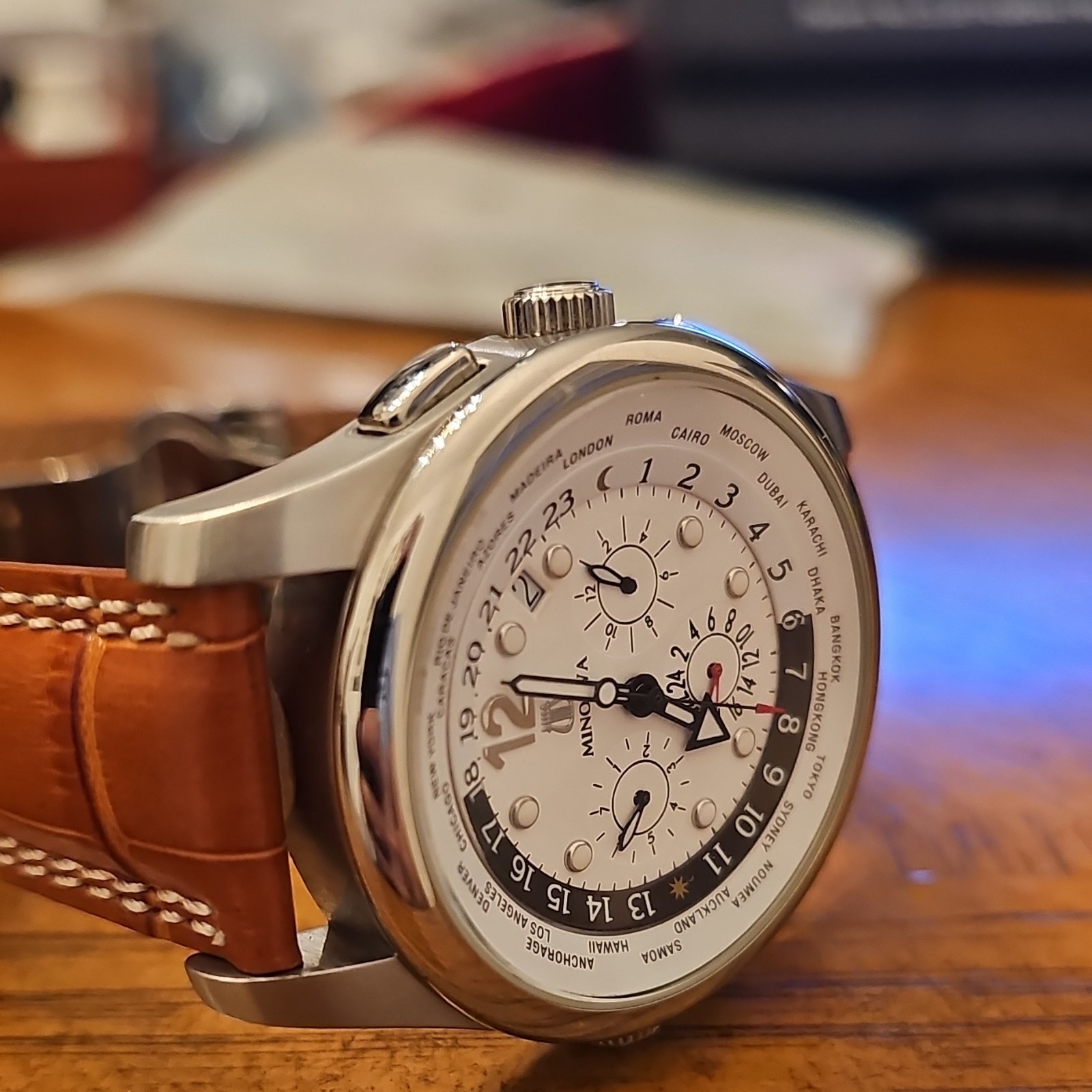 Minerva World Time Automatic Chronograph Brown Le… - image 3