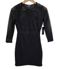Lulus Dress Sz XS Black Striped Mesh Bodycon 3/4 Slv Mini Stretchy Party New