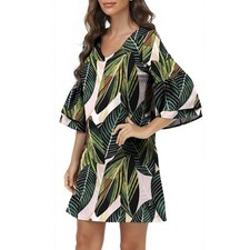 Belongsci Leaves of Palm Bell Sleeve Shift Dress, Size XXL, EUC