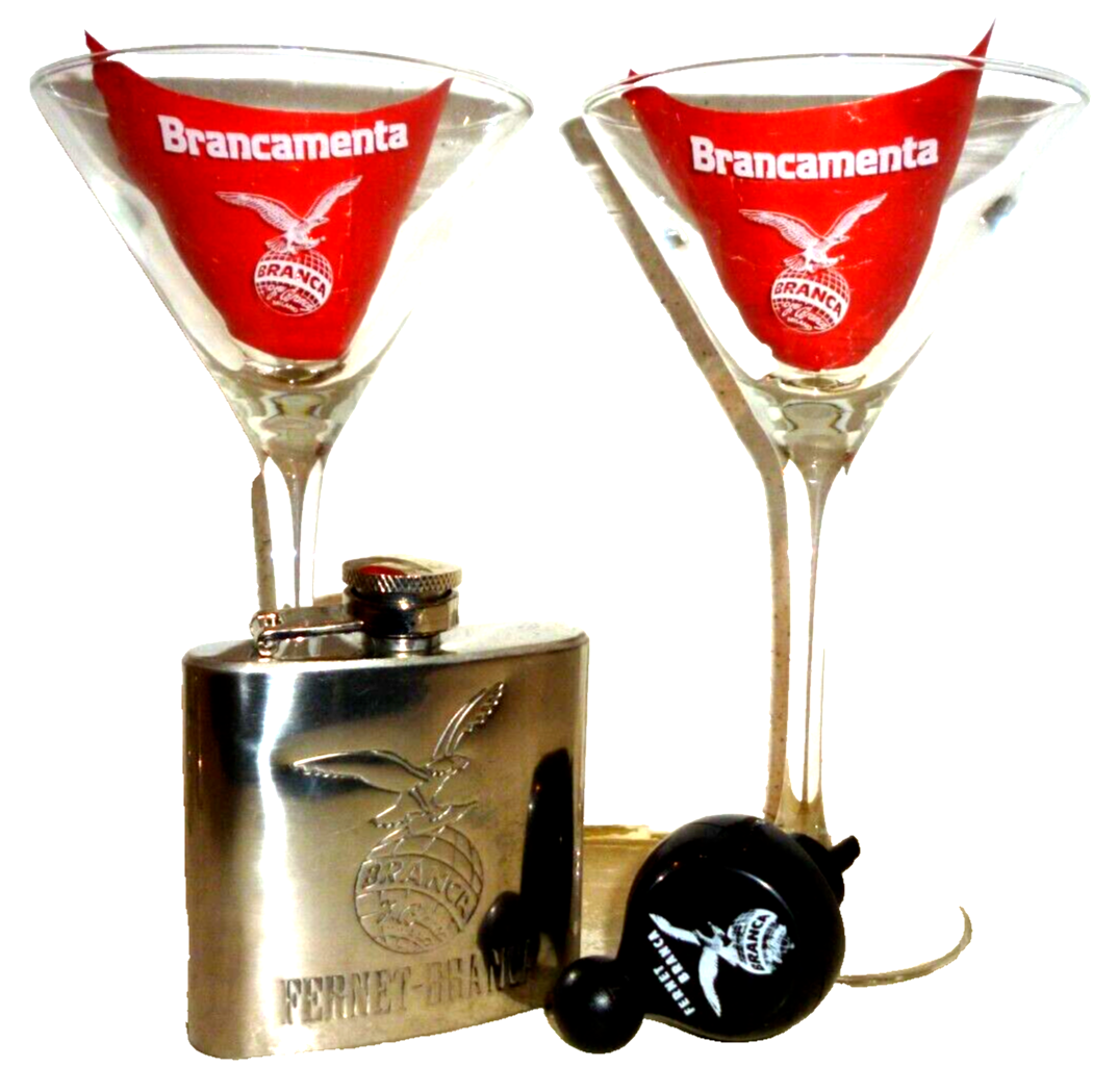 6 Fernet Brancamenta Cocktail / Shot Glasses, 1 Fernet Pourer & Flask