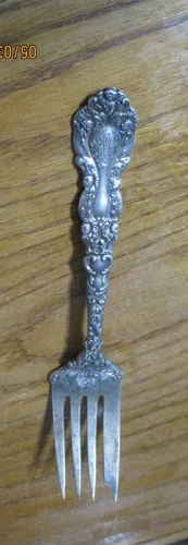 ANTIQUE STERLING SILVER SERVING FORK  GORHAM  / J.E. CALDWELL & CO VERY ORNATE