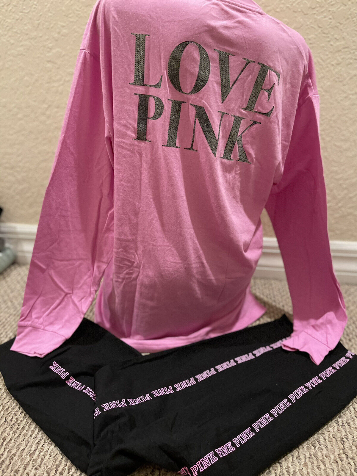 Victoria's Secret Pink Bling Campus Tee Shirt + Leggings Set