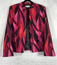 Kasper Jacket Women’s 12 Red Pink Open Blazer Long Sleeves Geometric EUC