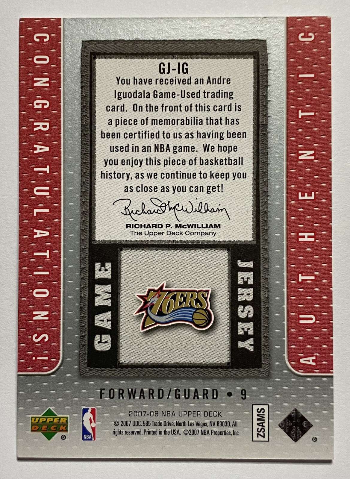 2007-08 Upper Deck - Game Used Jersey #GJ-IG Andre Iguodala Philadelphia 76ERS view 2