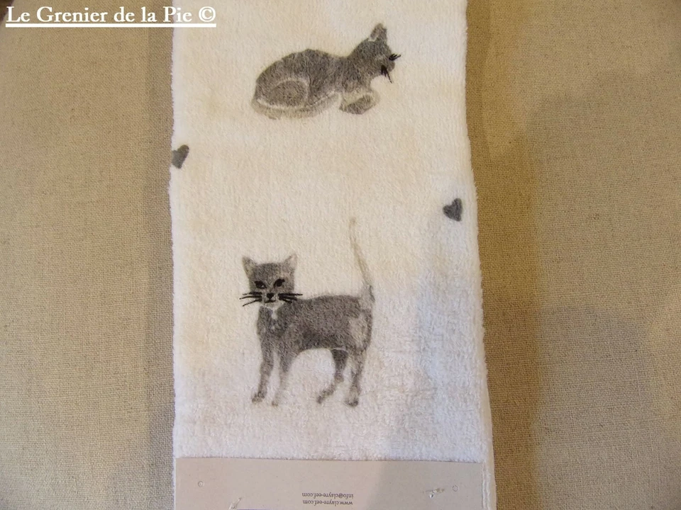 serviette éponge en coton blanc déco chat gris coeurs 40x66cm Clayre Eef NEUF - Photo 1/4