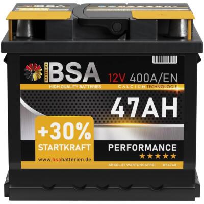 BSA Autobatterie 47Ah +30% mehr Startkraft ersetzt 44Ah 45Ah 46Ah 50Ah Batterie