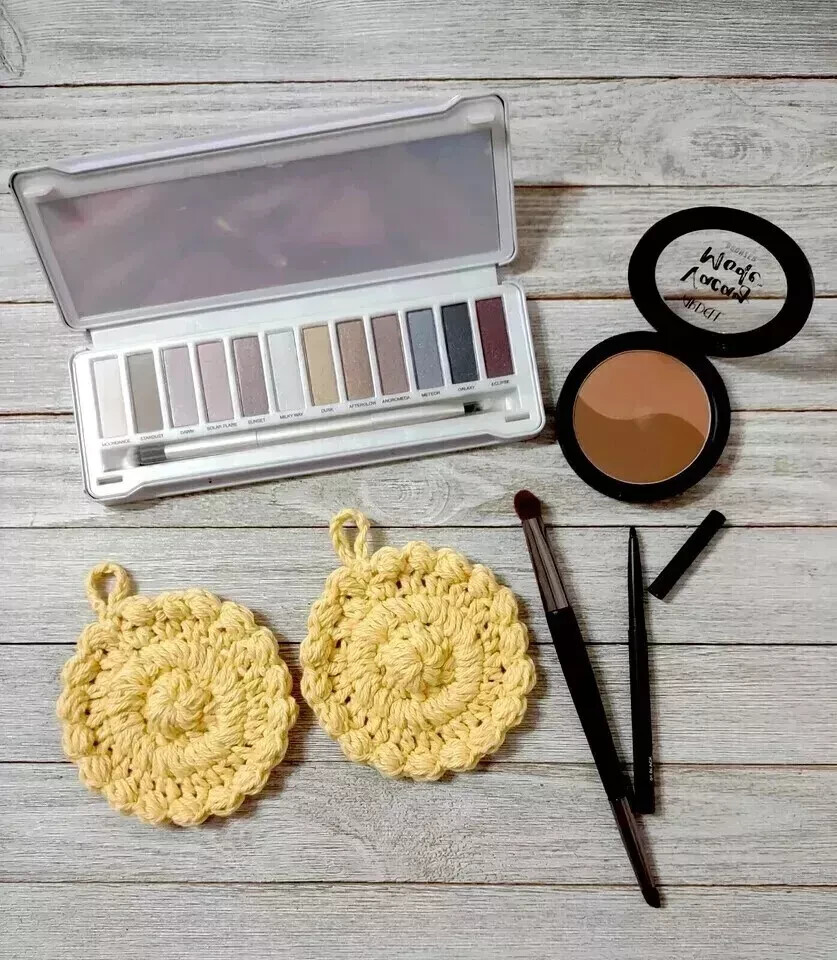 handmade crochet spa reusable pads make up ONLY eco friendly pouf yellow