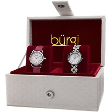 Women's Burgi BUR133SS Silver-tone Quartz Swarovski Crystal Leather Watch Set