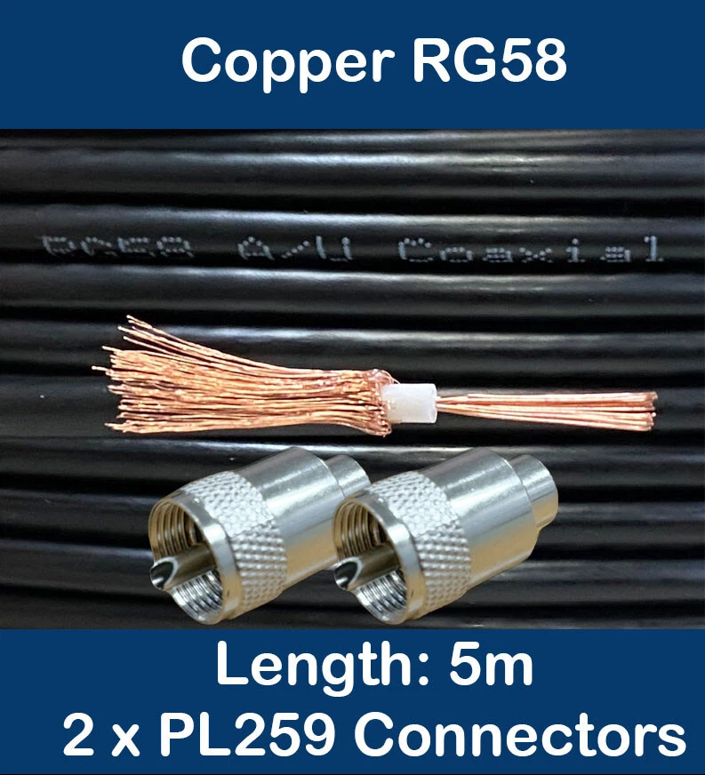 5m Copper Black RG58 50 Ohm Coaxial Cable 2 x PL259 UHF CB Radio Ham Aerial