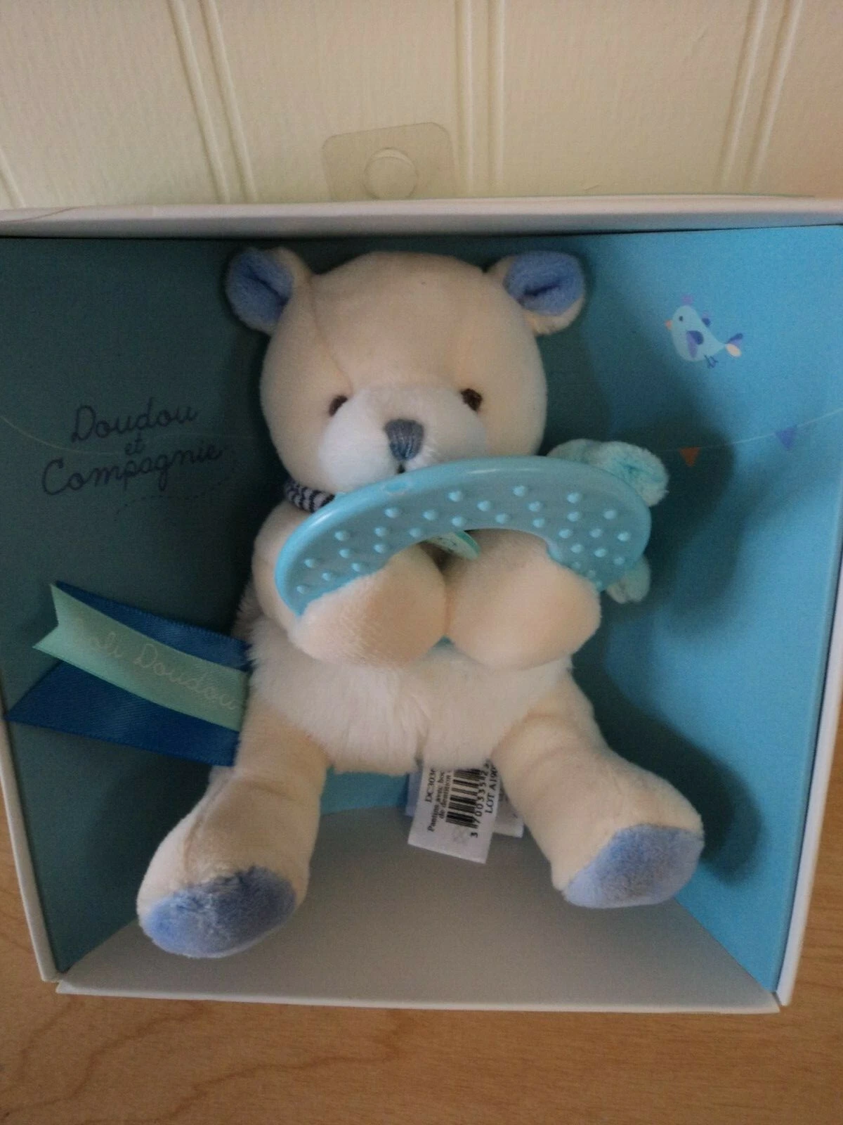 Doudou Et Compagnie Paris Bear Baby Teething Ring Teether Beige & Blue Soft NIB