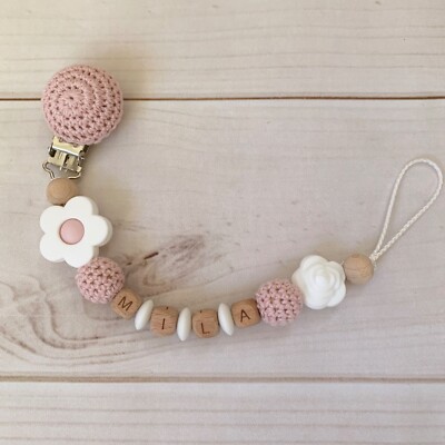 Schnullerkette Schnullerhalter Nuckelkette mit Namen Silikon Holz rosa Mädchen