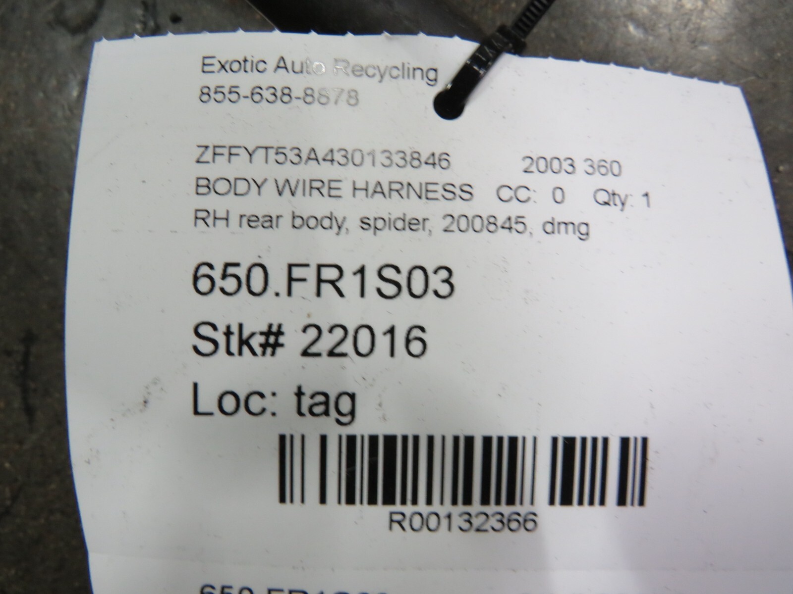 Ferrari 360, Spider, RH, Rear Body Wire Harness, Dmg, Used, P/N 200845