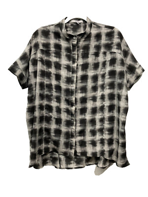 Ro & De Anthropologie Button Up Shirt Top Cap Sleeve Abstract Black Gray M