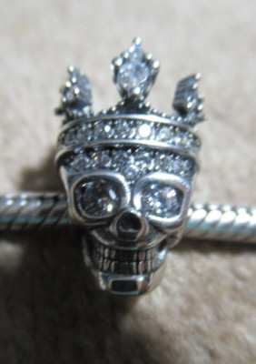 UNBRANDED 925 ANTIQUE SILVER CLEAR CZ CROWN SKULL KING SLIDE EUROPEAN CHARM BEAD
