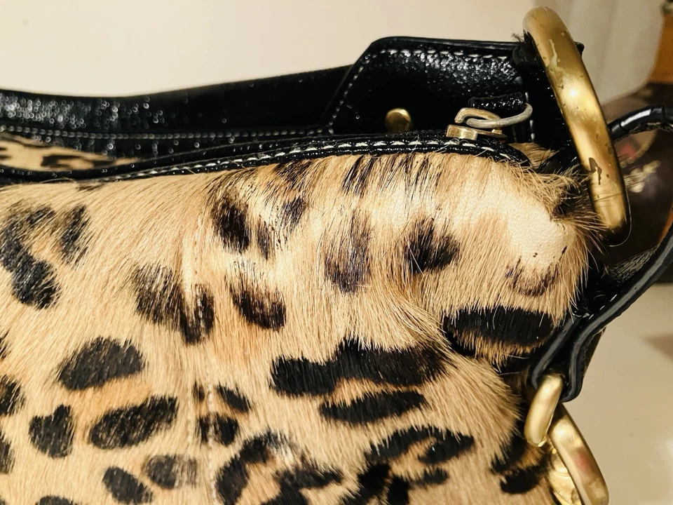 Leopard Print Calf Hair and  Faux Leather Satchel Handbag Brass Accent Pre-owned - Image 3 of 4