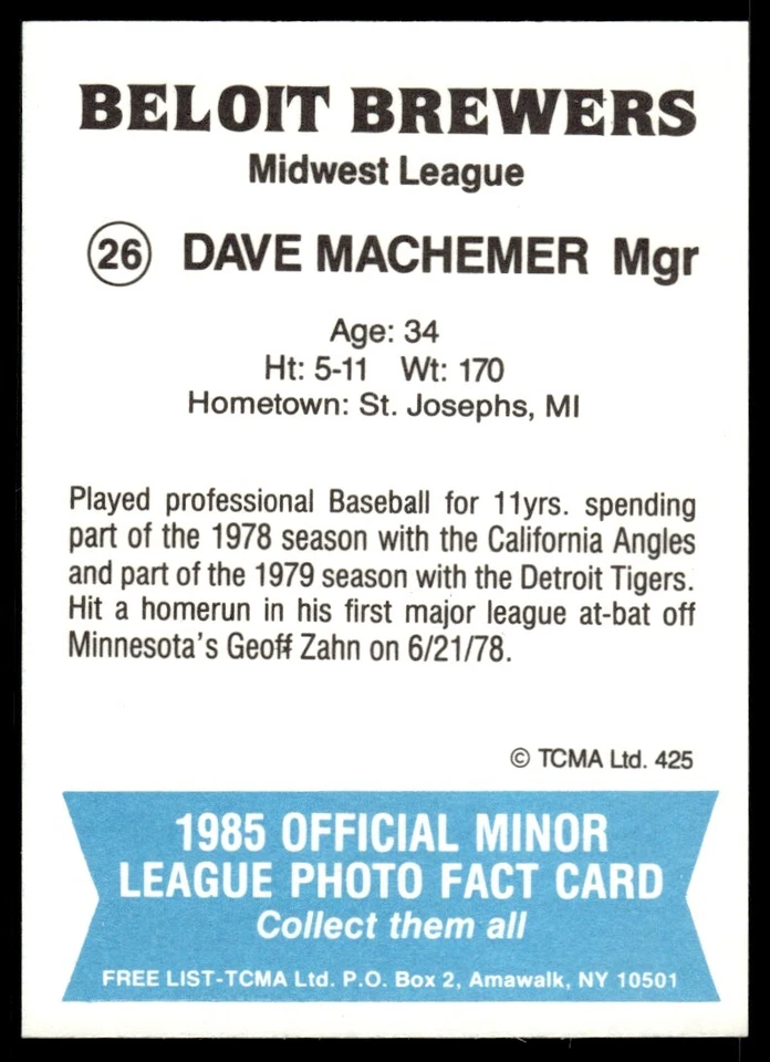 1985 TCMA Beloit Brewers Dave Machemer Beloit Brewers #26 - Image 2 of 2