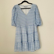 ASOS Dress 8 Pastel Blue Gingham Plaid Smocked Puff Ruffle Tiered Cottagecore