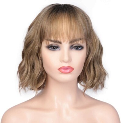 ENTRANCED STYLES Ligth Gold short wavy wing for Women  with bangs synthetic F1
