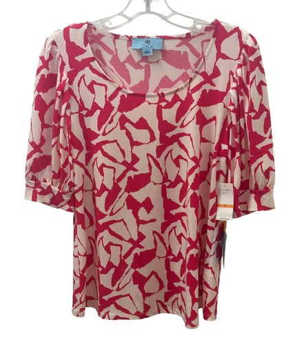NEW CeCe Women’s Short Sleeve Blouse Fushcia and White Size S NWT
