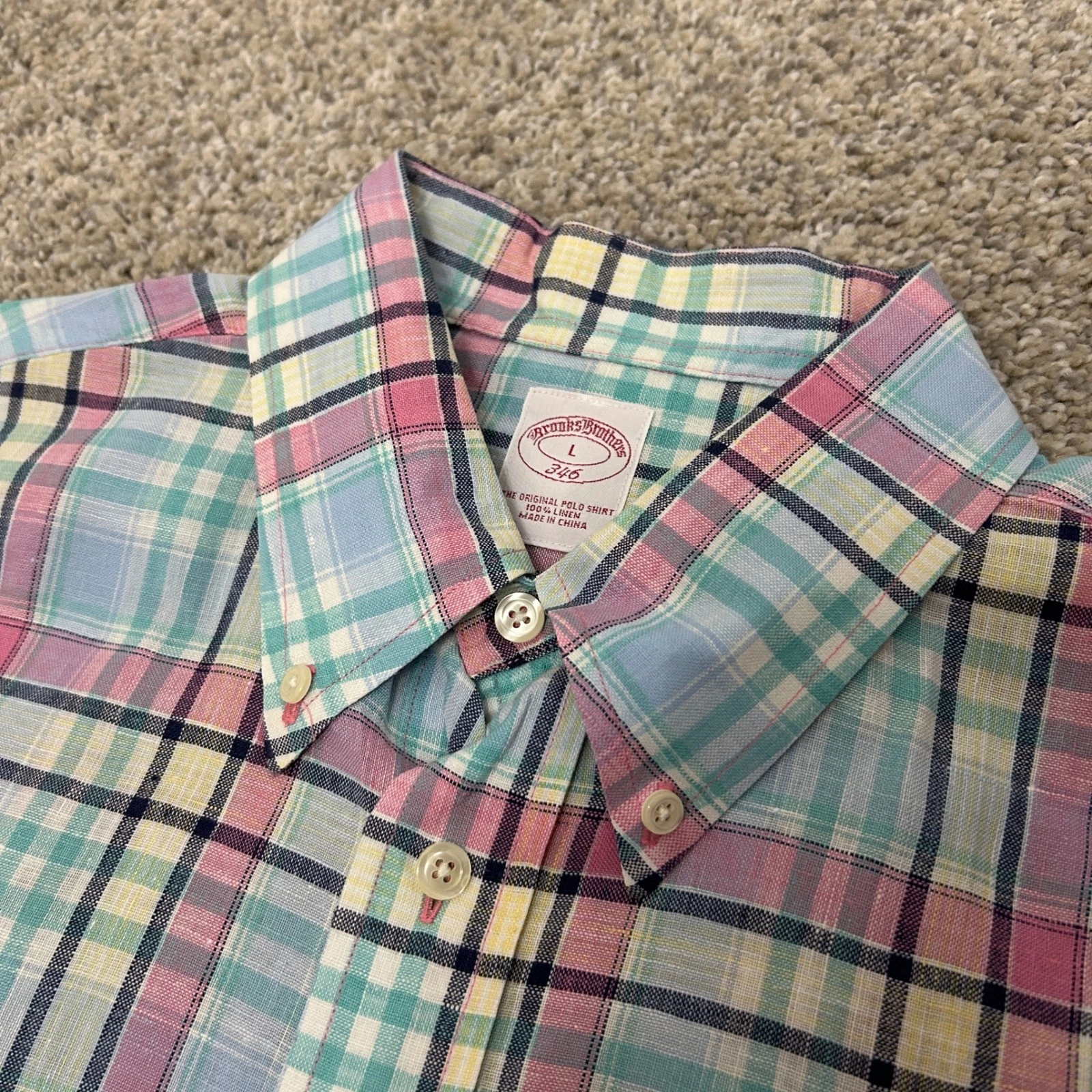 Brooks Brothers Button Down Shirt Large Multi Color Plaid 100% Linen 346 Polo