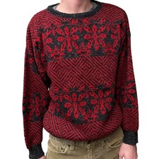 Mens Store Vintage Red Black Geometric Pattern Knit Sweater Large