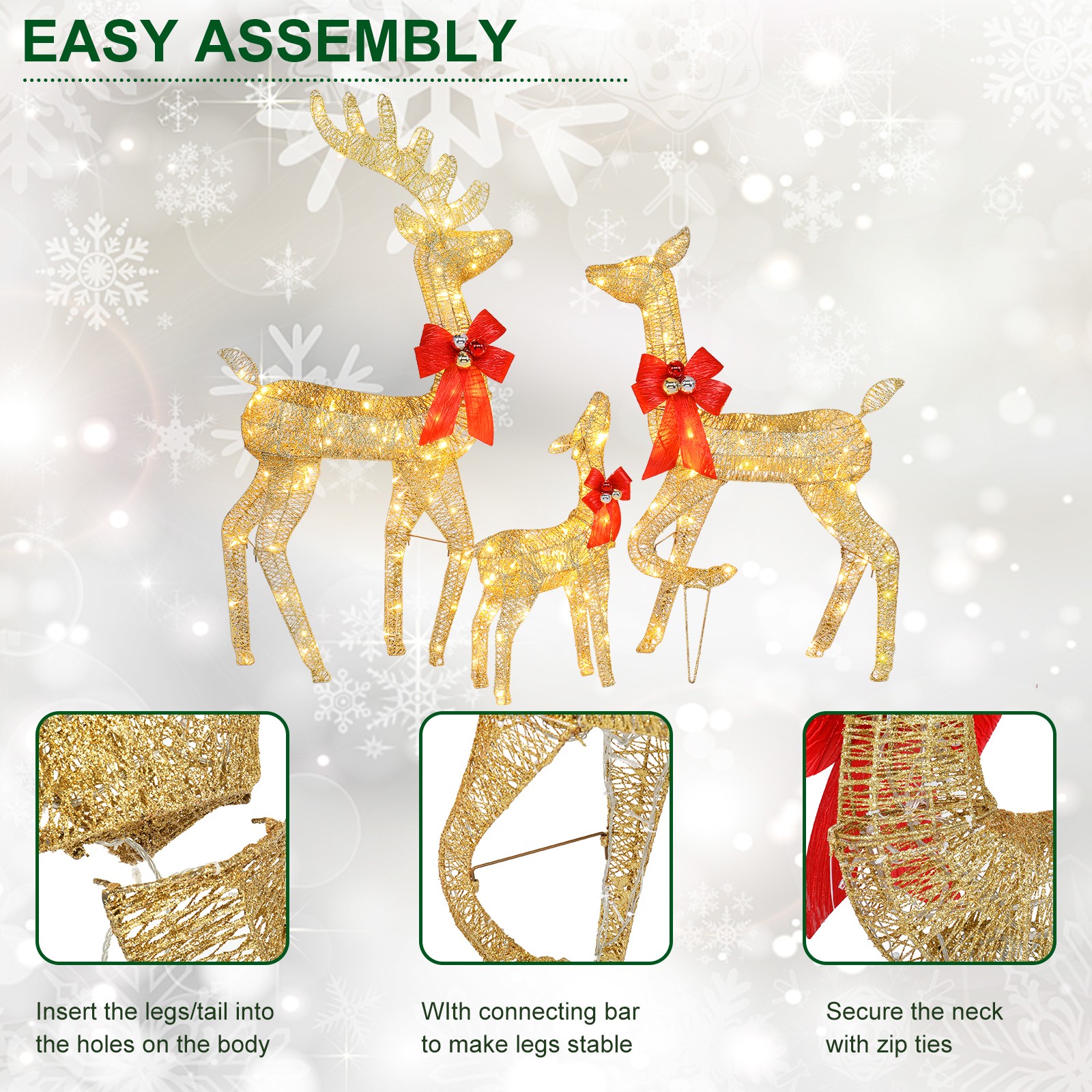 3-Piece Christmas Gold Reindeer Family Lighted Deer Set for Indoor Outdoor Yard
