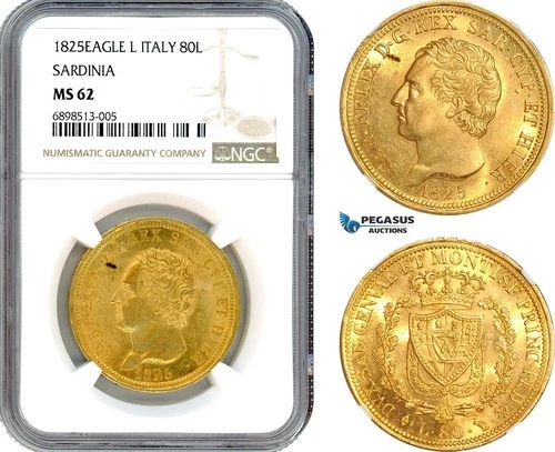 A9-275, Italy, Sardinia, Carlo Felice, 80 Lire 1825 (Eagle) L, Turin, NGC MS62