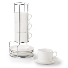 8 Ounce Porcelain Cappuccino Cups with Saucers and Stainless Steel Stand, Sta...