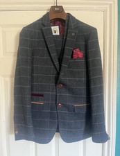 Marc Darcy Eton Men’s 3 Piece Suit 38R Blue Check Herringbone Regular Fit