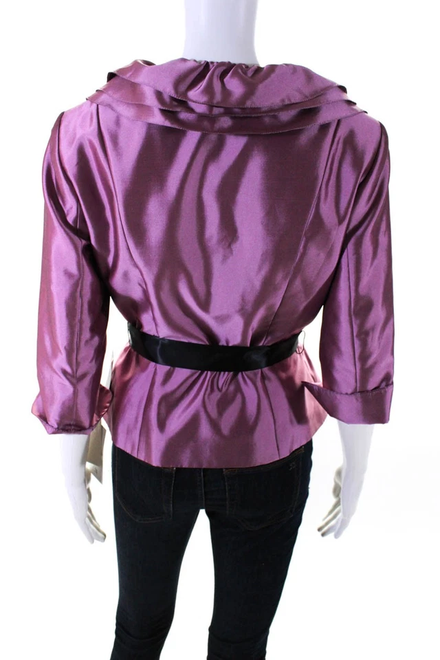 Adrianna Papell Womens Button Up 3/4 Sleeve Ruffled Collared Jacket Pink Size 6 - Image 3 of 4