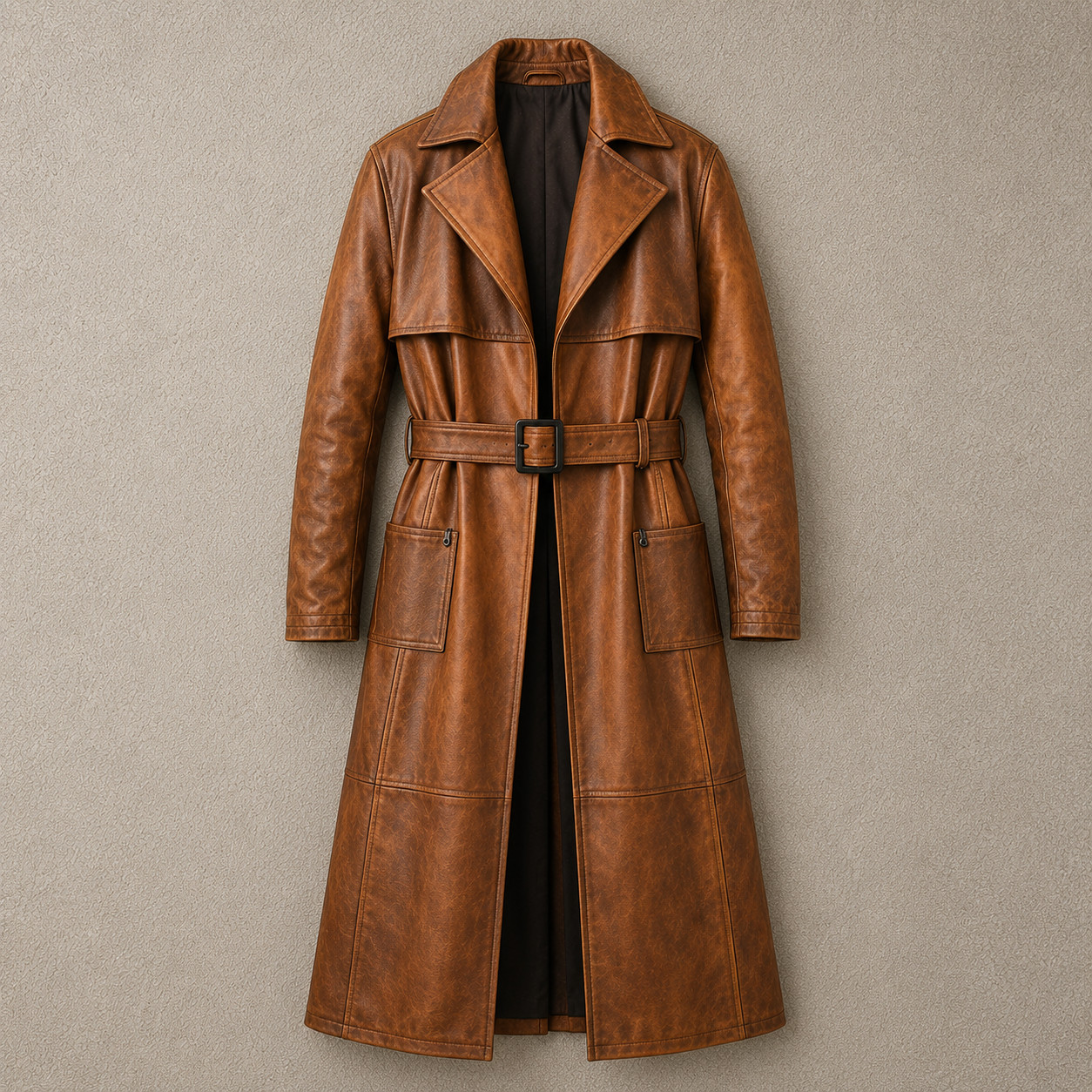 Men's Brown Leather Trench Coat Long Belted Overcoat Classic Winter Jacket