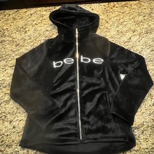 Bebe Sport Womens Black Faux Fur Full Zip Hoodie Sweatshirt Logo Size Small