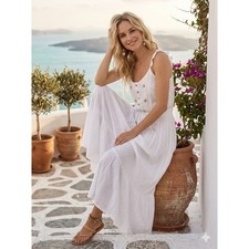 Raga Boho Maxi Dress Medium Floral Embroidery Lace Trim Tassel Drawstring White