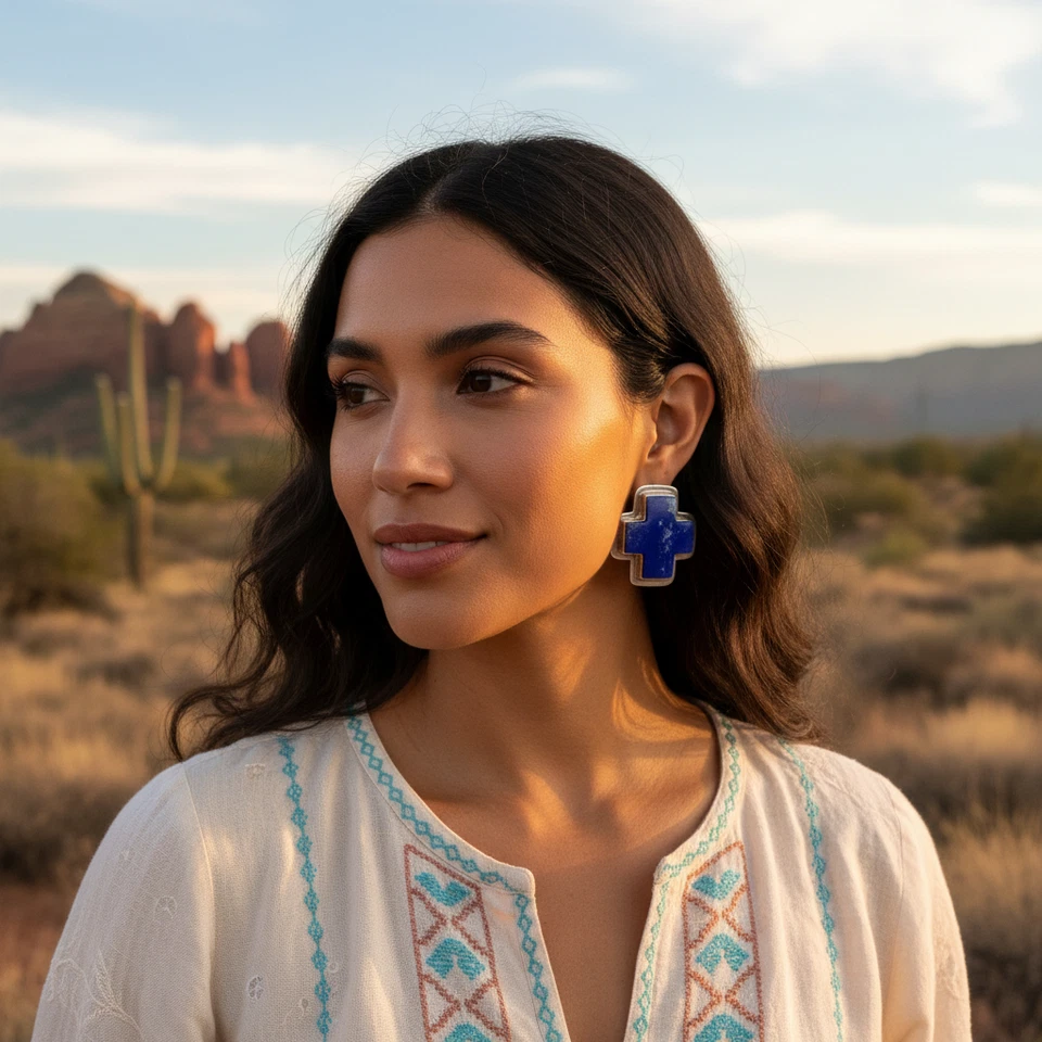 Pendientes Esterlina Vintage Años 80 Cruz Lapislázuli Azul Clip En Suroeste de México Foto 2 de 4