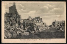Old postcard pewter, western battlefield with ruins and soldiers
