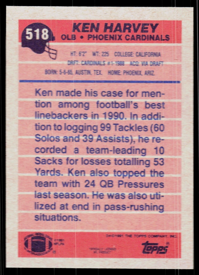 Ken Harvey, 1991 Topps, #518, Phoenix Cardinals, - Image 2 of 2