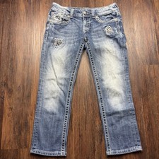 Miss Me Cuffed Capri Jeans Light Wash Embellished Rhinestone Stripes Size 28