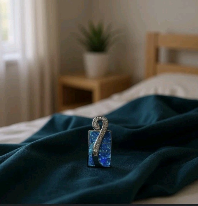 AK Sterling Silver Rectangular   Opal Inlay Penda… - image 1