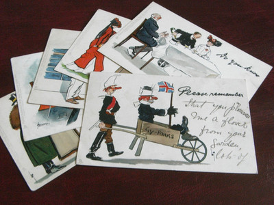 ORIGINAL SATZ VON SECHS SIGNIERTEN TUCK COMIC POSTKARTEN VON LANCE THACKERAY, SERIE 873.