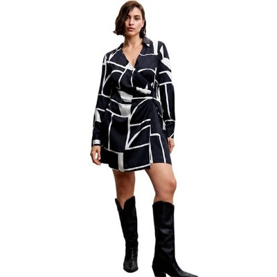Mango MNG Women Black White Geometric Satin Wrap Mini Dress Plus Size 18 / 3XL