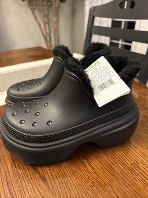 CROCS Stomp Shorty Boot Shoe Fur Lined Slip On Chunky 210673 Black Women Size 5
