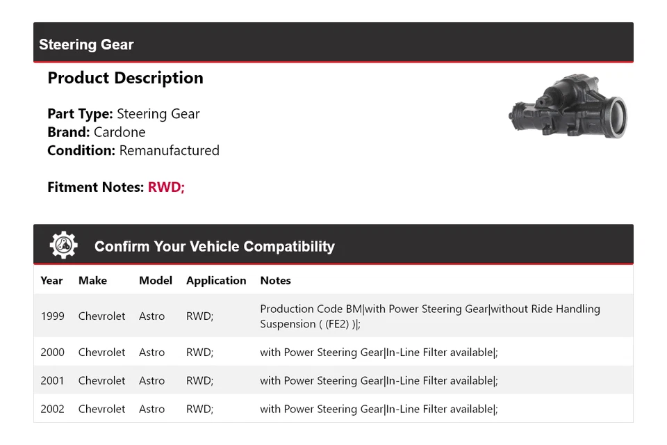 Para Chevrolet Astro 1999-2002 tracción trasera engranaje de dirección Cardone 2000 2001 Foto 2 de 4