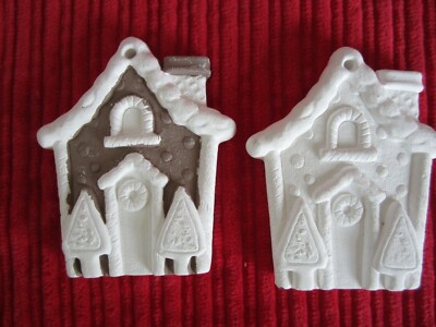 Plaster Ready to Paint Two 3'' Gingerbread House Flat Christmas Ornaments Crafts