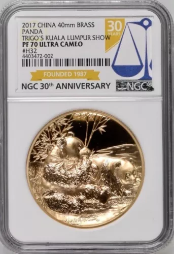 TOP POP-66 MINTED 2017 NGC PF70 40mm Brass Malaysia Trigo Int'l Money Show Panda