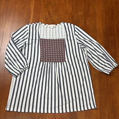 Weekend Suzanne Betro Medium 3/4 Sleeve Blue Striped Square Neck Lightweight Top