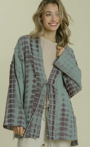 New Umgee L Dusty Sage Tie Dye Open Front Tie Rayon Cotton Gauze Kimono Sleeve - Picture 6 of 9
