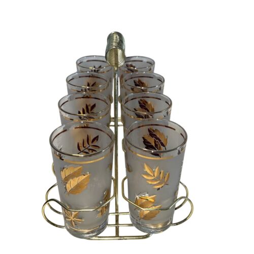 Set Of 8 Libbey Golden Foliage Glass Tumblers W/Gold Trim & Metal Carrier - Picture 4 of 7