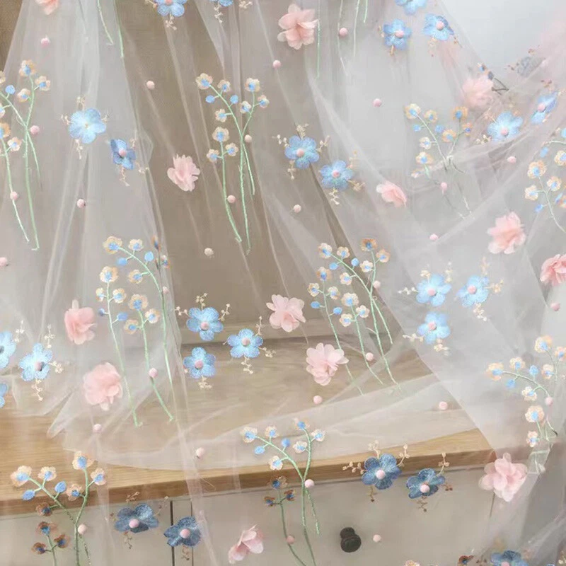 Embroidery Lace Fabric Floral Mesh Tulle  Dress Skirt DIY Curtain Craft 1 Yard - Image 4 of 4