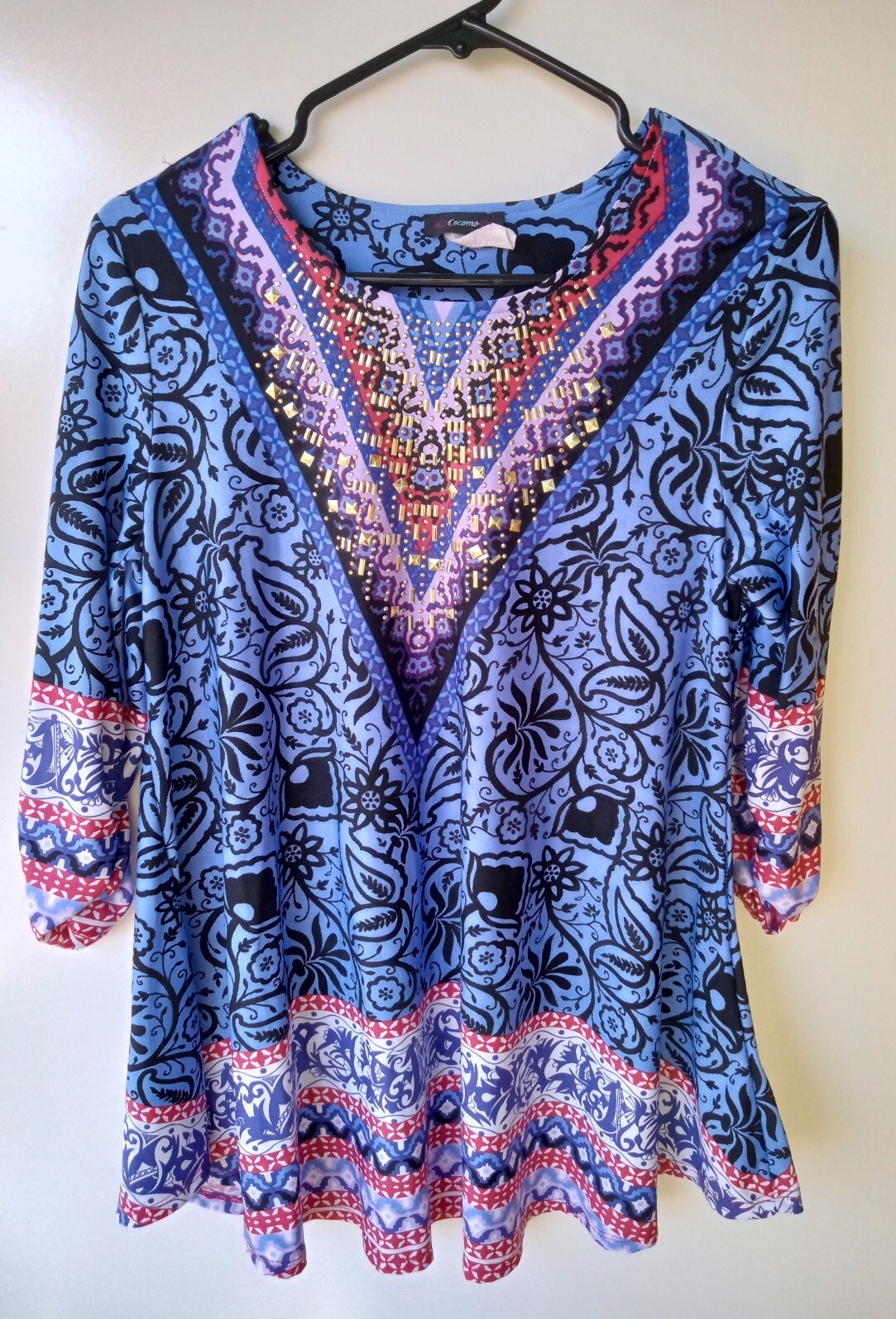 COCOMO Multicolor Sequin 3/4 Sleeve Tunic Blouse for Women Large